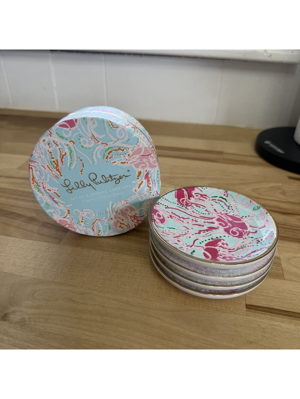Lilly Pulitzer Set Of 4 Coasters New In Box ‘Jellies Be Jammin’ Tropical Fun!